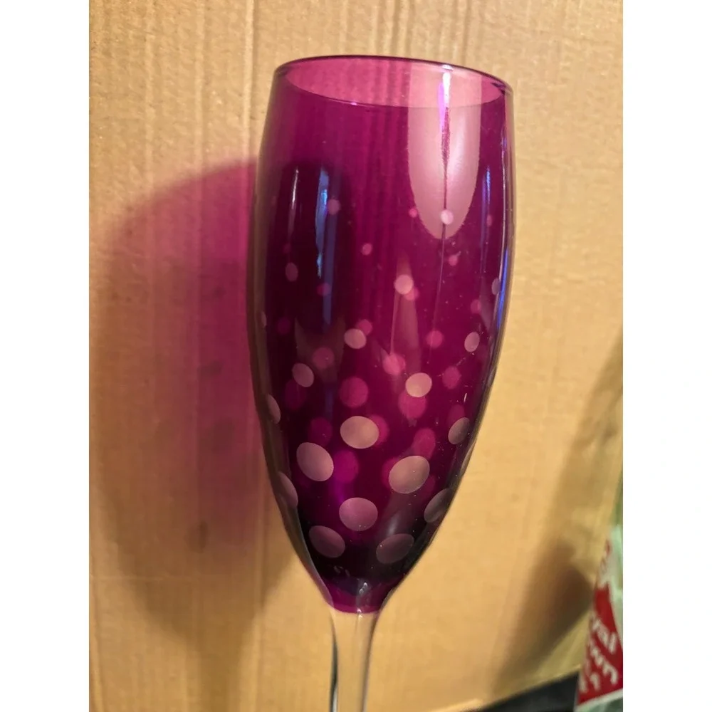 2 Purple CRYSTAL CHAMPAGNE FLUTES POLKA DOTS STRIPES 9.75 INCH 8 OZS